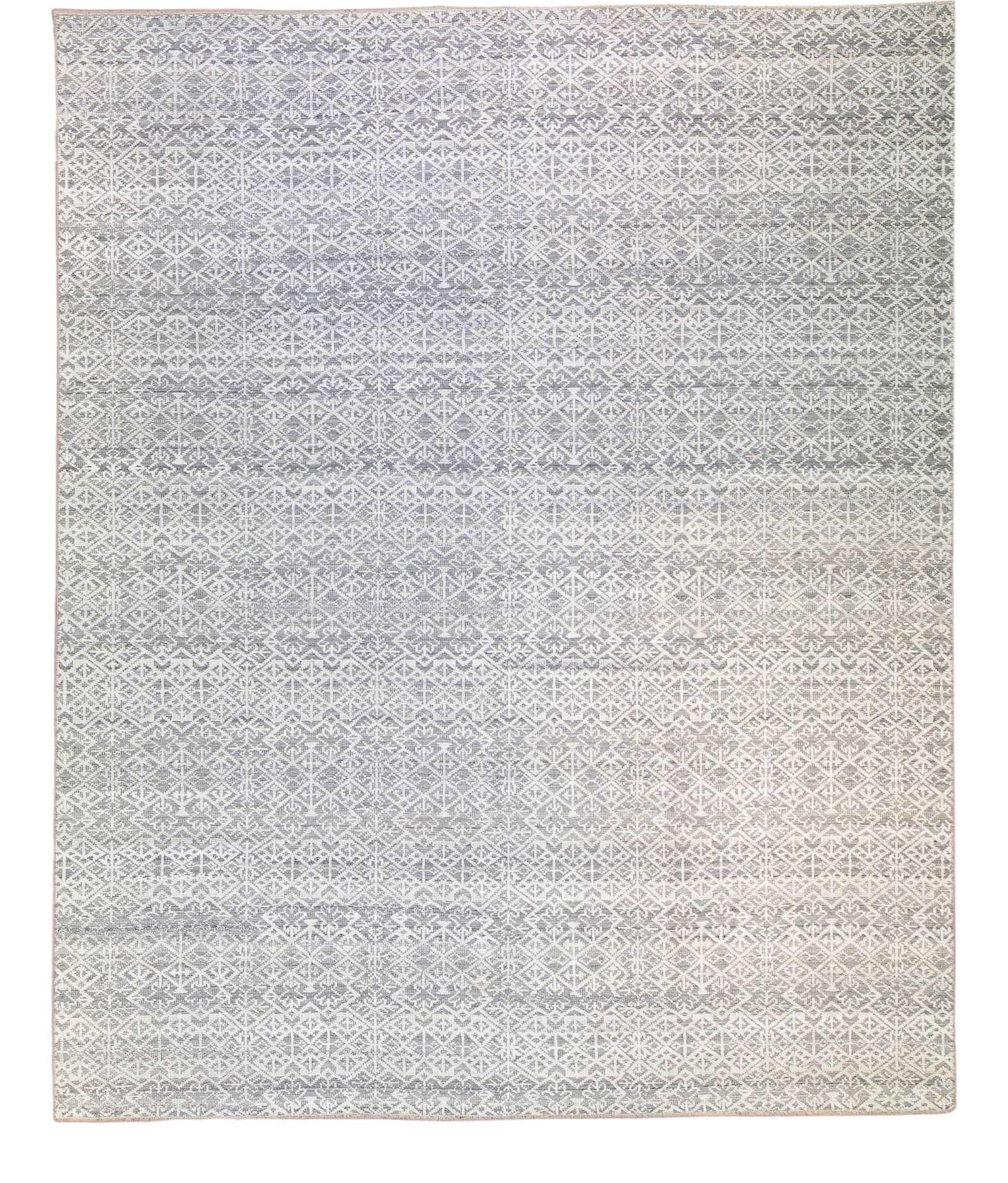 Oversize Gray Ivory Geometric Wool Rug 12' x 14'9': Oversize Gray Ivory Geometric Wool Rug 12' x 14'9' Enhance your living space with this stunning modern hand-knotted wool rug, featuring a gray field and ivory accents that create a striking geometric
