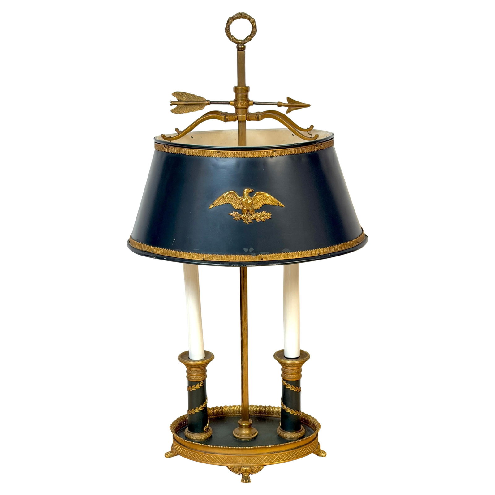 Empire Revival Bouillotte Lamp with Napoleonic Eagle Motif Set of 3 Circa 1925: Empire Revival Bouillotte Lamp with Napoleonic Eagle Motif Set of 3 Circa 1925 This French Empire-style bouillotte lamp, crafted circa 1925, is a distinguished early 20th-century revival piece inspire