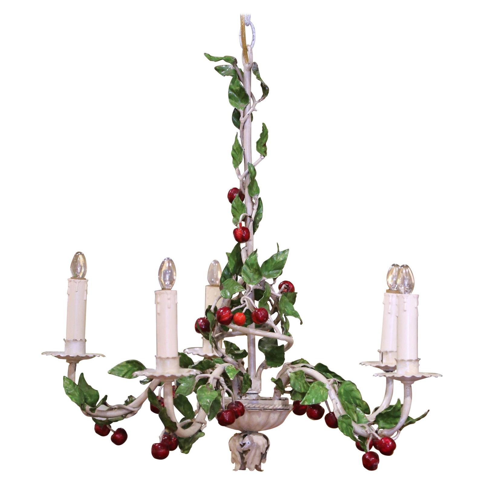 Vintage French Tole Chandelier with Hand-Painted Cherries and Leaves: Vintage French Tole Chandelier with Hand-Painted Cherries and Leaves Illuminate your space with this charming Early 20th Century French Tole Chandelier, perfect for adding a touch of countryside elega
