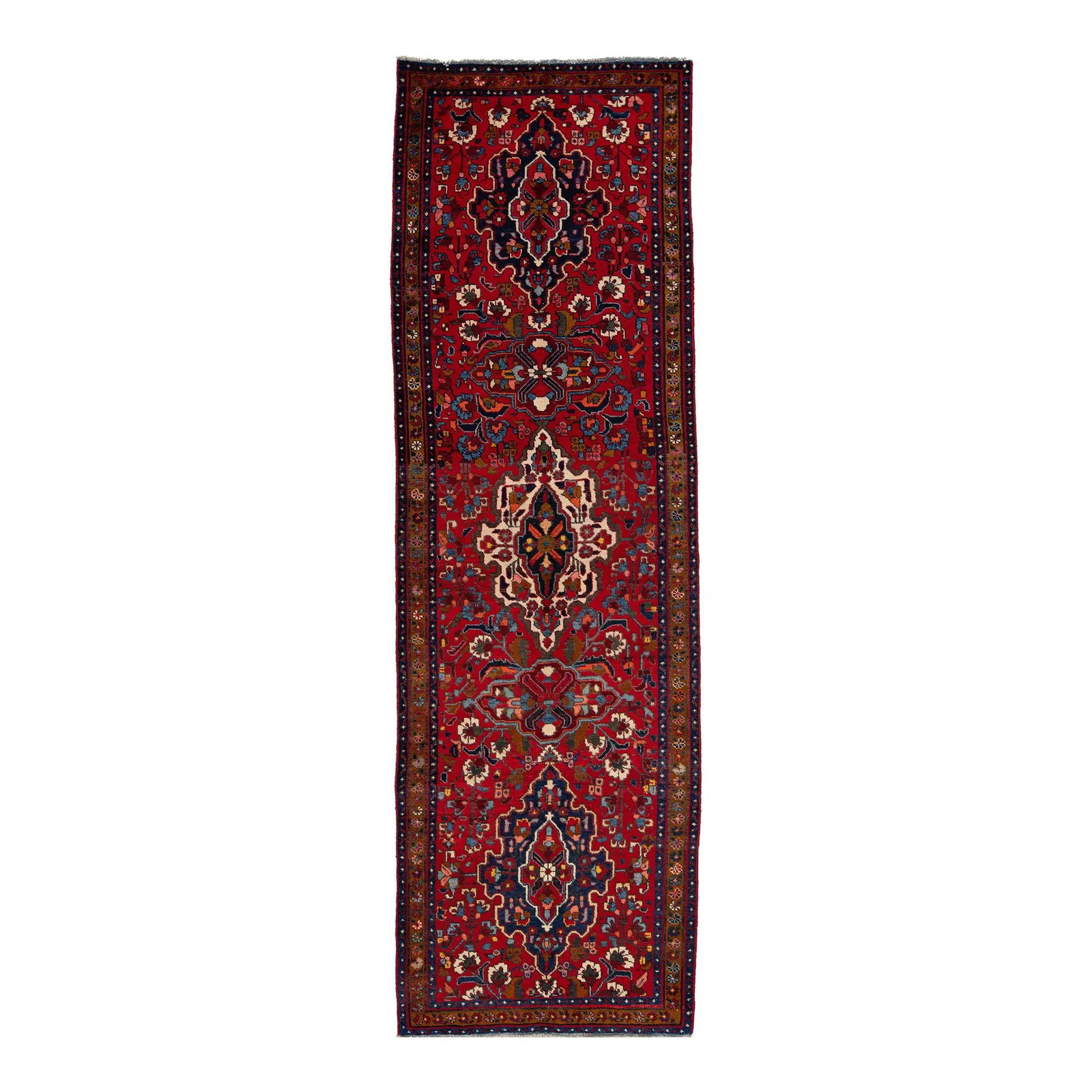 Vintage Persian Heriz Floral Wool Runner 3'5 x 10'11 Red (1 of 8)