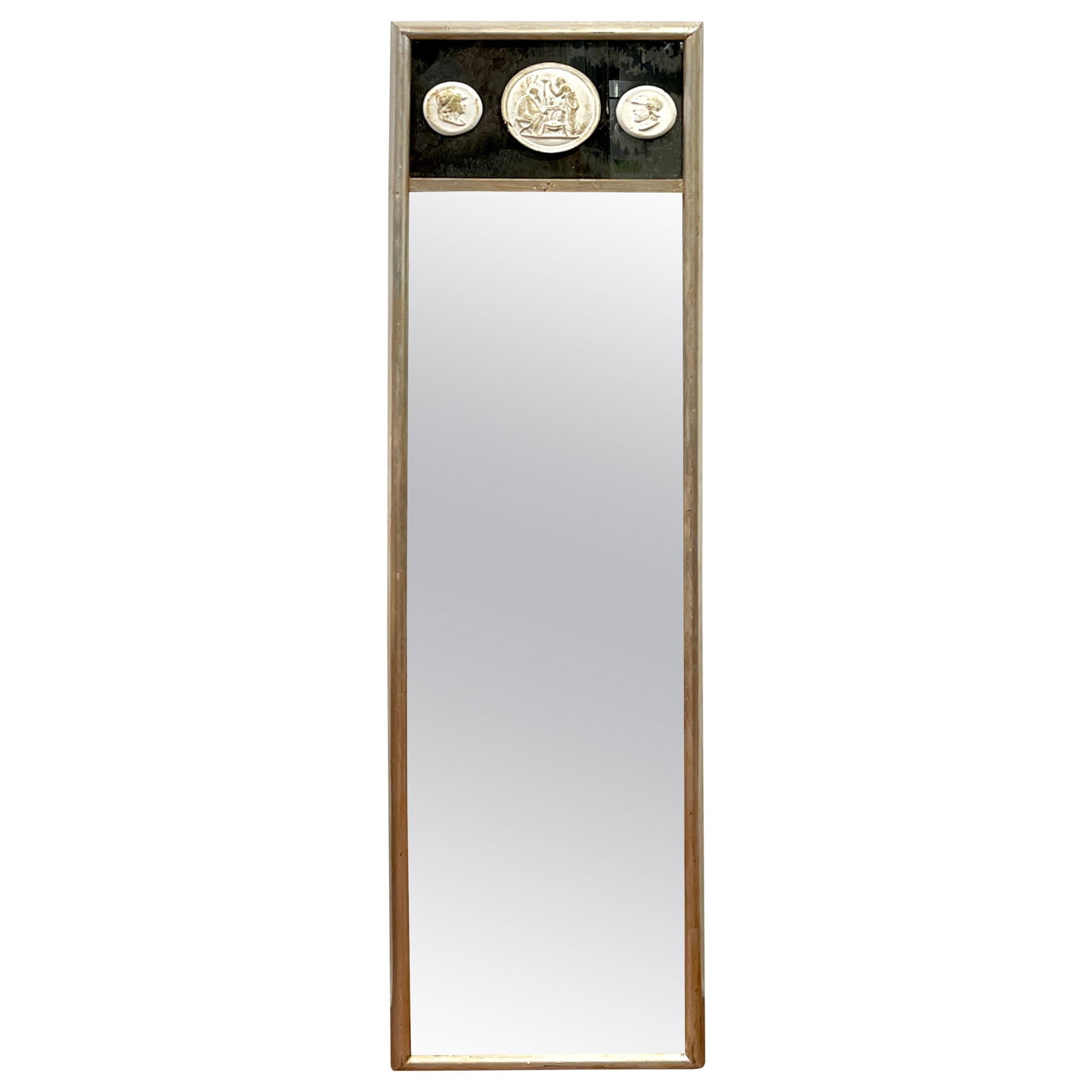 Grand Tour Silver Leaf Intaglio Trumeau Mirror Italy 1960s: Grand Tour Silver Leaf Intaglio Trumeau Mirror Italy 1960s This elegant Grand Tour style silver leaf intaglio trumeau mirror is a stunning piece that showcases refined craftsmanship and neoclassical