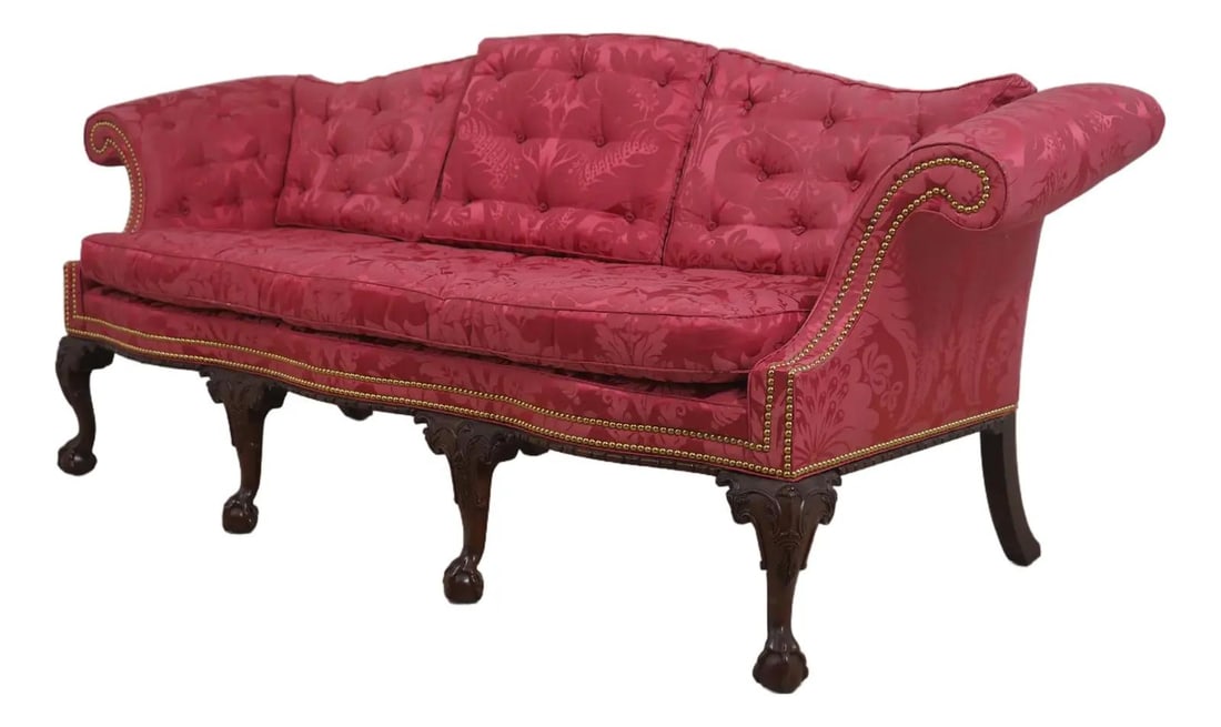 Chippendale Sofa with Ball and Claw Feet in Mahogany and Damask Upholstery (1 of 10)