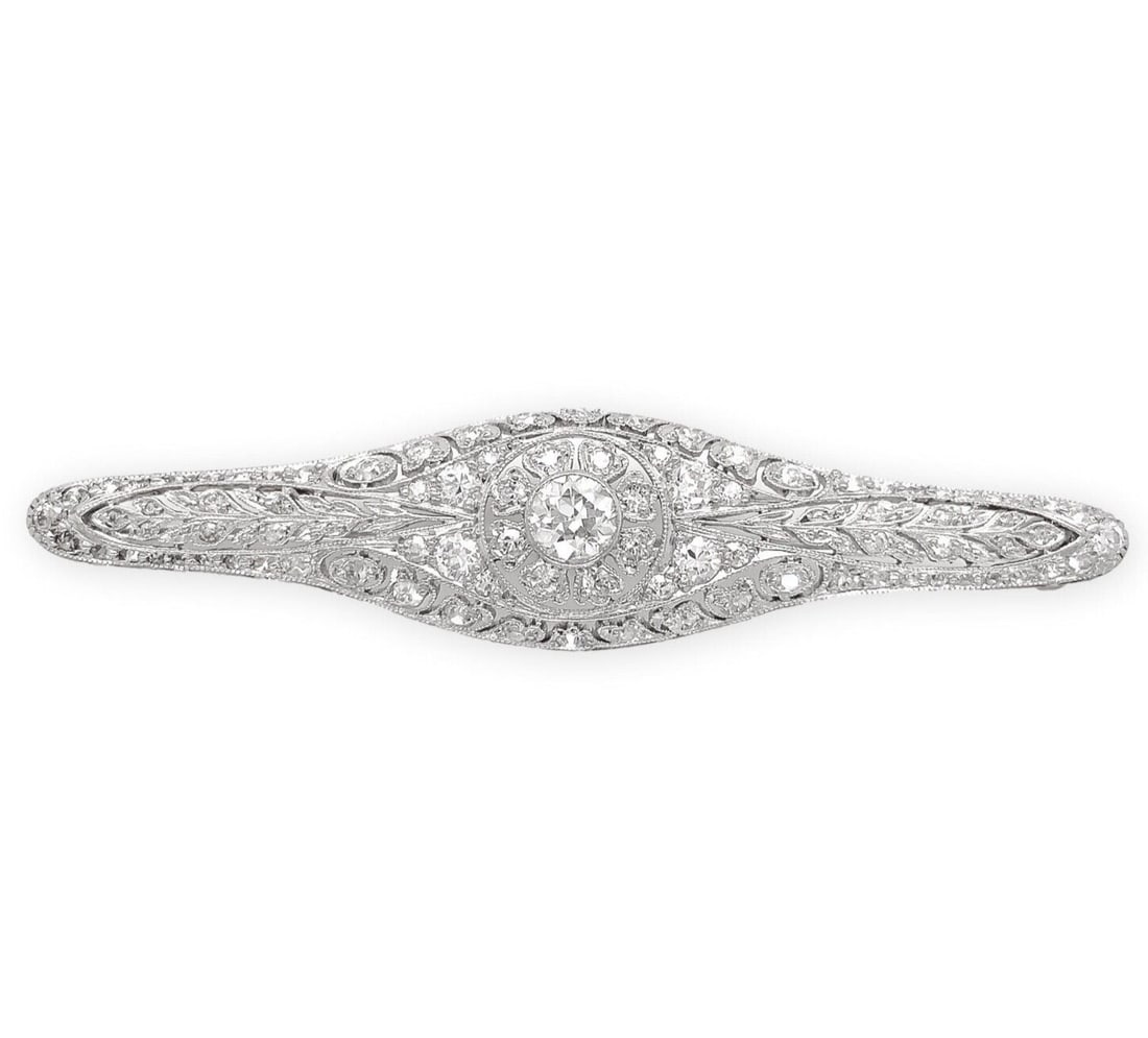 Edwardian Platinum Floral Bar Pin Brooch 1.50 Carat Diamond 91 Stones GIA Certified (1 of 7)