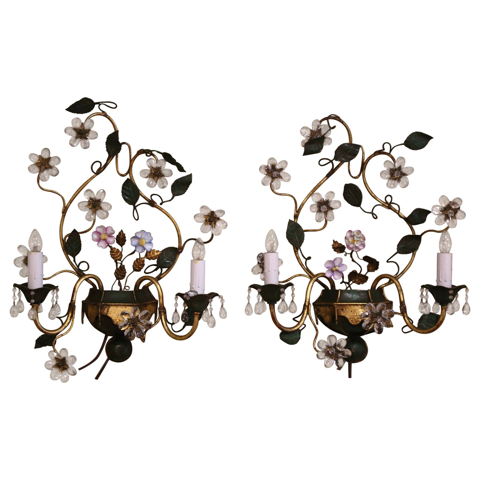 Set of 2 French Crystal Metal Floral Two-Light Vintage Wall Sconces (1 of 13)