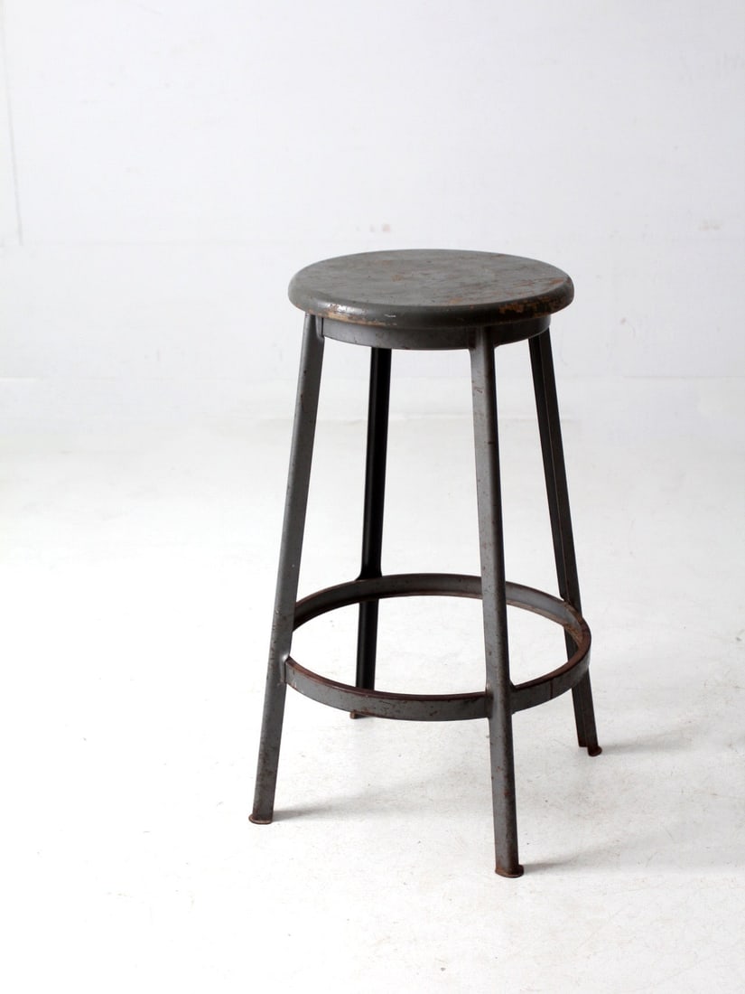 Rustic Vintage Industrial Stool with Wooden Seat and Gray Metal Frame (1 of 12)
