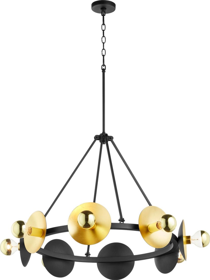 Cyan Artemis Industrial Bowl Chandelier Gold Leaf Noir 8 Bulb: Cyan Artemis Industrial Bowl Chandelier Gold Leaf Noir 8 Bulb Introducing the Adjustable Noir and Gold Leaf Artemis Light Fixture, designed in a stylish antique or vintage aesthetic. This exquisite li