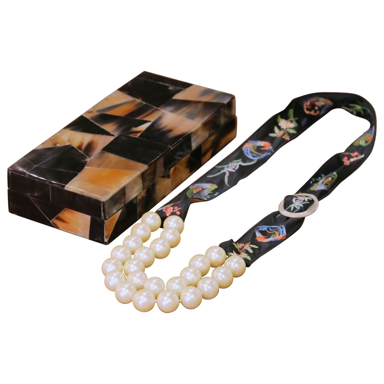 19th Century French Horn Mosaic Box with Pearl Necklace: 19th Century French Horn Mosaic Box with Pearl Necklace Elevate your vanity or dressing table with this exquisite late 19th-century French accessory set, featuring a beautifully crafted horn mosaic de