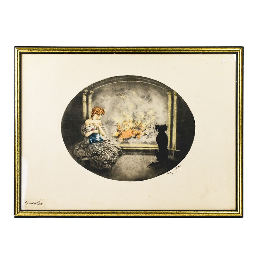 Cinderella 1927 Color Etching and Drypoint by Louis Icart Framed: Cinderella 1927 Color Etching and Drypoint by Louis Icart Framed This is a 1927 etching and drypoint in colors on paper titled "Cinderella" by Louis Icart. The artwork is signed in pencil by the artis
