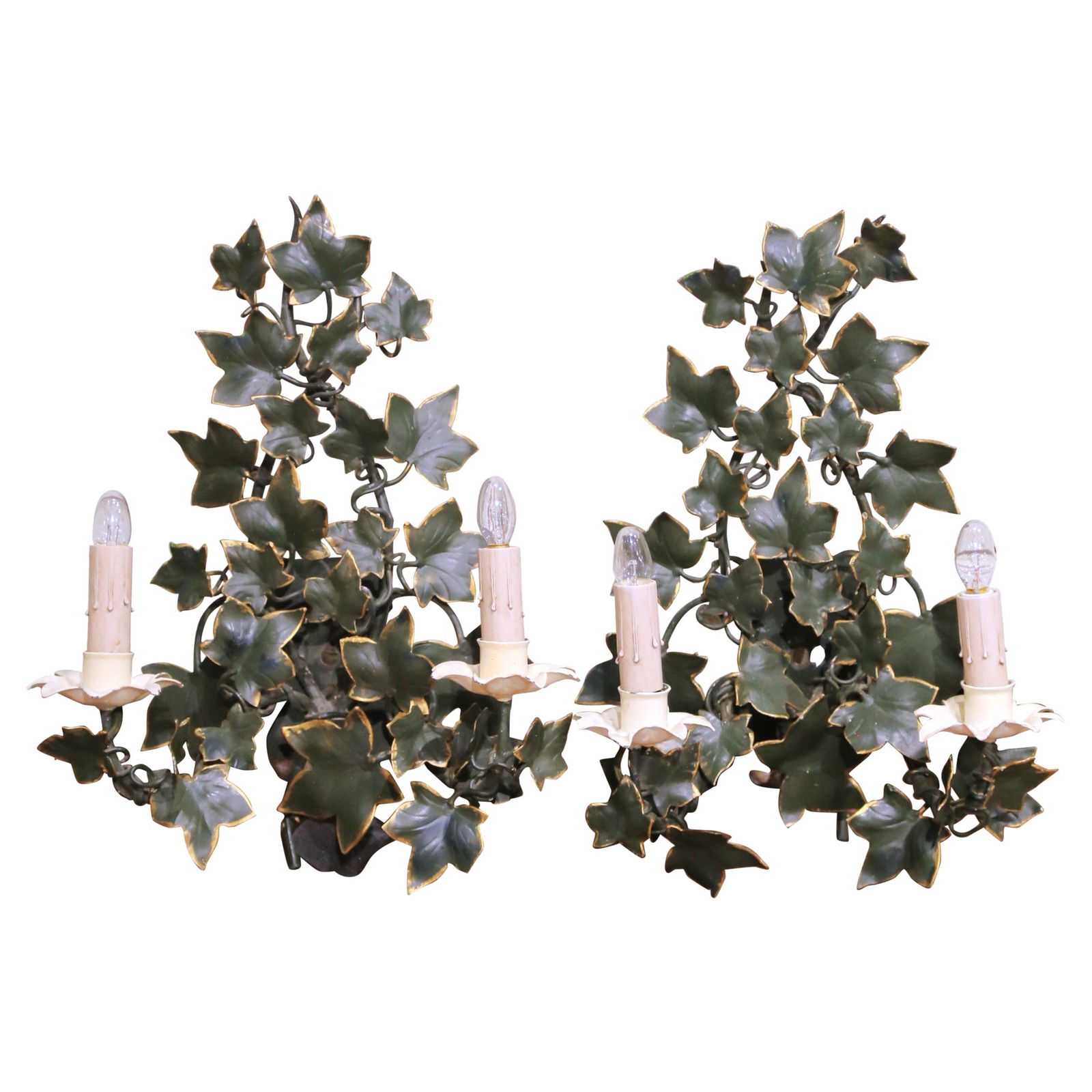 Set of 2 French Gilt Metal Ivy Motif Two-Light Wall Sconces Circa 1960: Set of 2 French Gilt Metal Ivy Motif Two-Light Wall Sconces Circa 1960 This pair of mid-century French tole wall sconces, crafted circa 1960, features hand-cut and hand-painted ivy leaves with gilt-ed