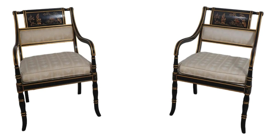 Drexel Chinoiserie Black Lacquer Open Armchairs Pair: Drexel Chinoiserie Black Lacquer Open Armchairs Pair This exquisite pair of Drexel Chinoiserie decorated black open armchairs showcases a stunning lacquer finish and quality construction. With an age