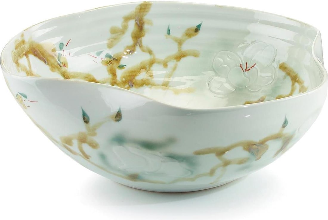 John-Richard Vibrant Porcelain Curled-Rim Bowl Green Yellow Glaze: John-Richard Vibrant Porcelain Curled-Rim Bowl Green Yellow Glaze Introducing a stunning Vibrant Porcelain Bowl by John-Richard, designed in a captivating curled-rim shape. This exquisite piece featur