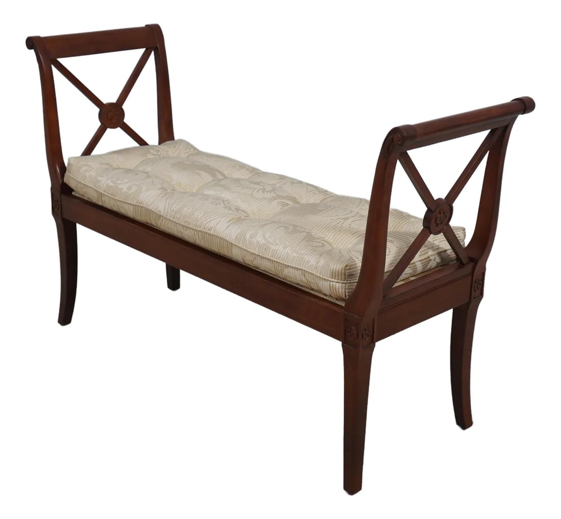 Regency Style Brown Tufted Upholstered Window Bench with Bolster Cushions (1 of 10)