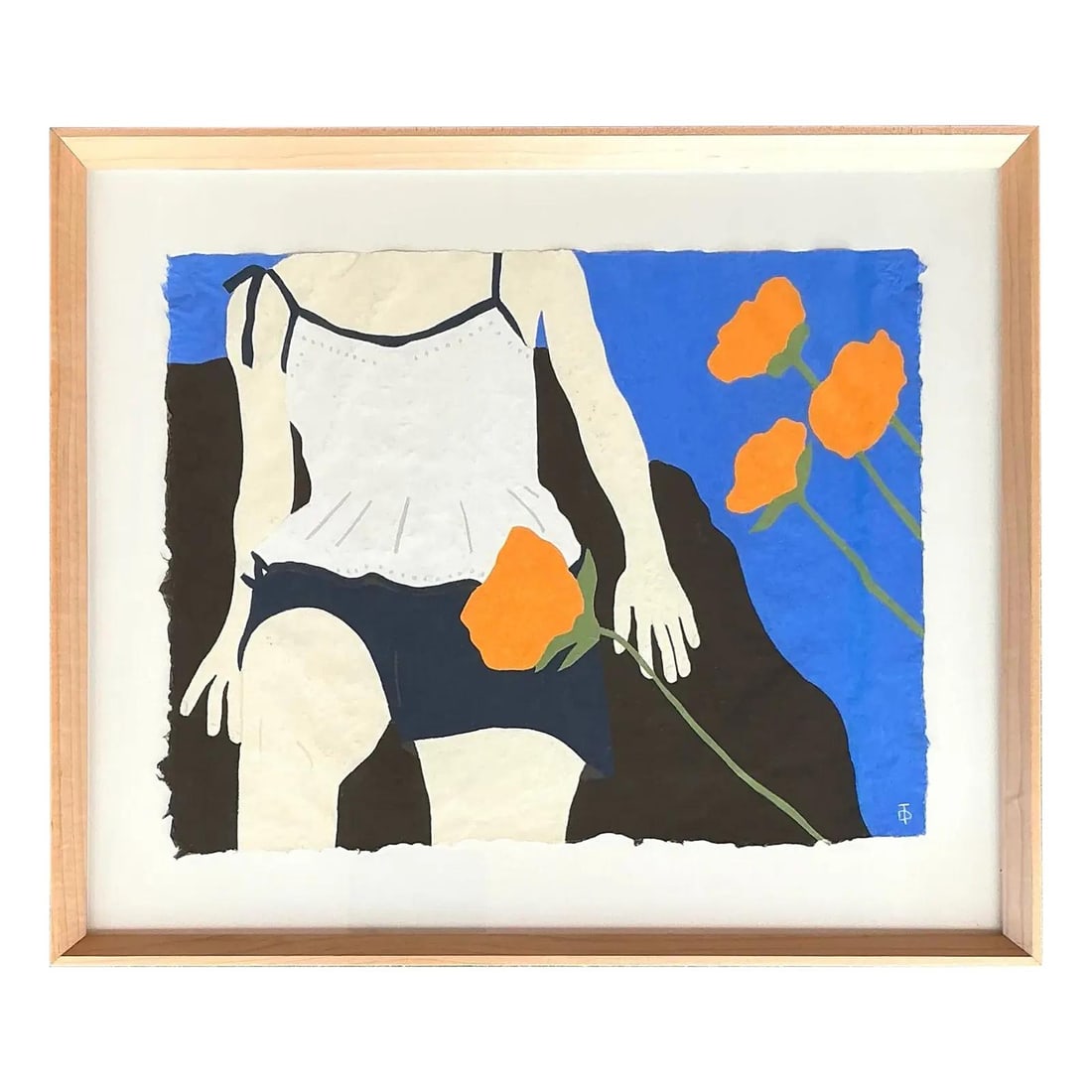 Theresa Drapkin Vintage Boho Pastel Drawing Blue Poppies: Theresa Drapkin Vintage Boho Pastel Drawing Blue Poppies This vintage Boho original pastel drawing by Theresa Drapkin presents a captivating scene that beautifully merges modern femininity with nostal