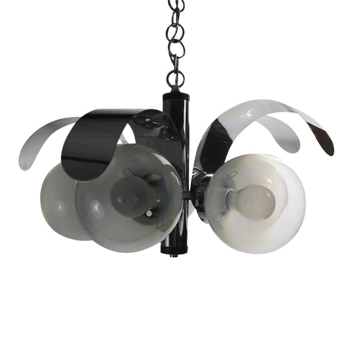 Midcentury Mod 5-Light Chandelier Chrome Art Glass Globes: Midcentury Mod 5-Light Chandelier Chrome Art Glass Globes Illuminate your space with this chic midcentury chandelier featuring five art glass ball globe shades. Each shade showcases an exquisite opali