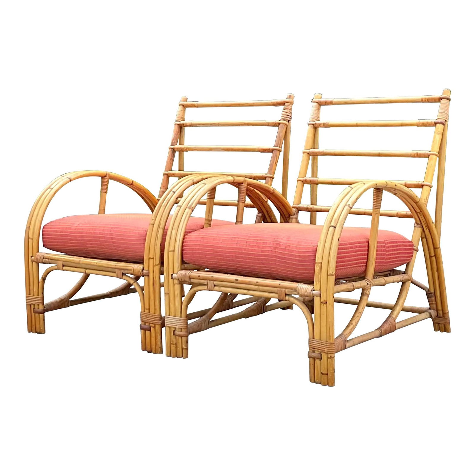 Pair of Vintage Coastal Bamboo Arch Lounge Chairs: Pair of Vintage Coastal Bamboo Arch Lounge Chairs Enhance your living space with this charming pair of Vintage Bent Bamboo Arch Lounge Chairs, inspired by American coastal design. The chairs showcase