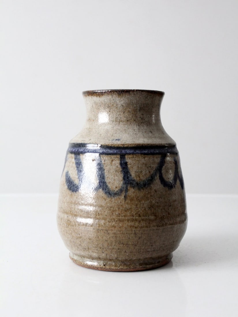 Midcentury Stoneware Vase with Cobalt Blue Accents and Tapered Neck (1 of 10)