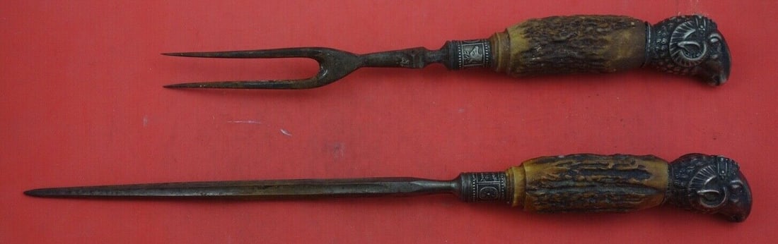 Antler Handle Roast Carving Set 2-Pc with Silver Ferrule c.1890 (1 of 2)