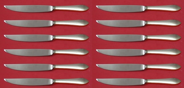 Tiffany & Co. Faneuil Sterling Silver Steak Knife Set of 12 8 Inch: Tiffany & Co. Faneuil Sterling Silver Steak Knife Set of 12 8 Inch Presenting a stunning set of 12 steak knives from Tiffany & Co., featuring the elegant Faneuil pattern. Each knife is custom made wit