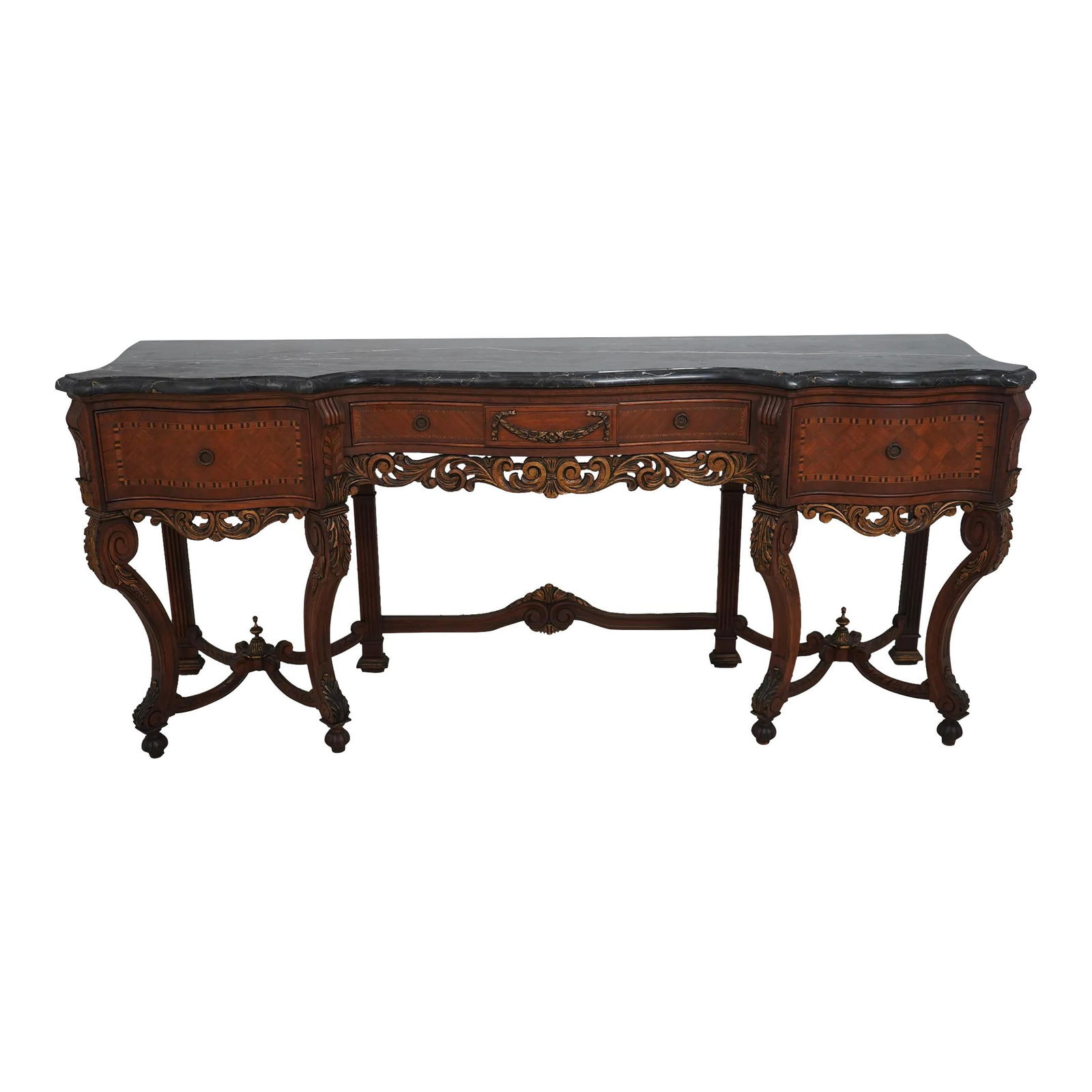 Circa 1920 Continental Walnut Sideboard with Marble Top: Circa 1920 Continental Walnut Sideboard with Marble Top This Vintage Continental Style Sideboard is a stunning piece, dating back to circa 1920, showcasing exquisite carved details and quality constru