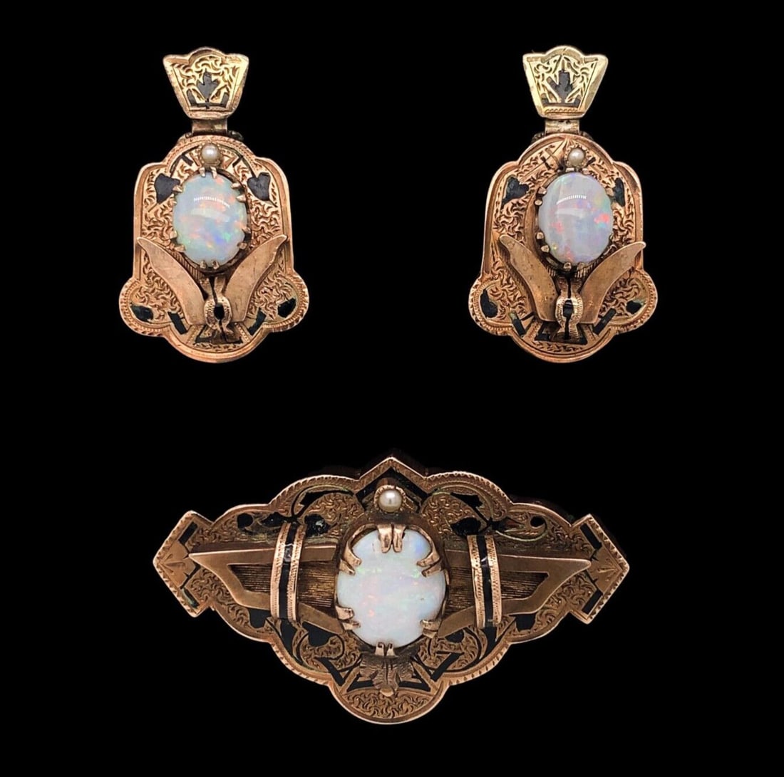 Victorian Era 14k Yellow Gold Opal Earrings and Pin Jewelry Set (1 of 17)