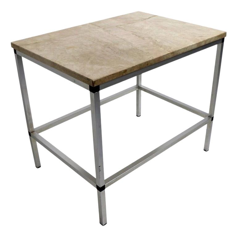 Midcentury Aluminum and Marble Side Table Inspired by McCobb: Midcentury Aluminum and Marble Side Table Inspired by McCobb This elegant side table encapsulates a sophisticated architectural design reminiscent of the midcentury International period. It features a