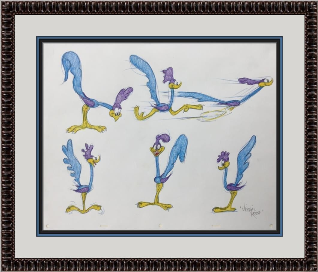 Virgil Ross Signed Road Runner Model Sheet Custom Framed Artwork: Virgil Ross Signed Road Runner Model Sheet Custom Framed Artwork This original model sheet drawing features the iconic Road Runner, illustrated by legendary animator Virgil Ross. Rendered in colored p