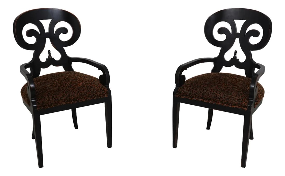 Vanguard Biedermier Armchairs Pair Black Distressed Carved Wood: Vanguard Biedermier Armchairs Pair Black Distressed Carved Wood This elegant pair of Vanguard Biedermier armchairs showcases high-quality construction and timeless design, featuring shapely backs with
