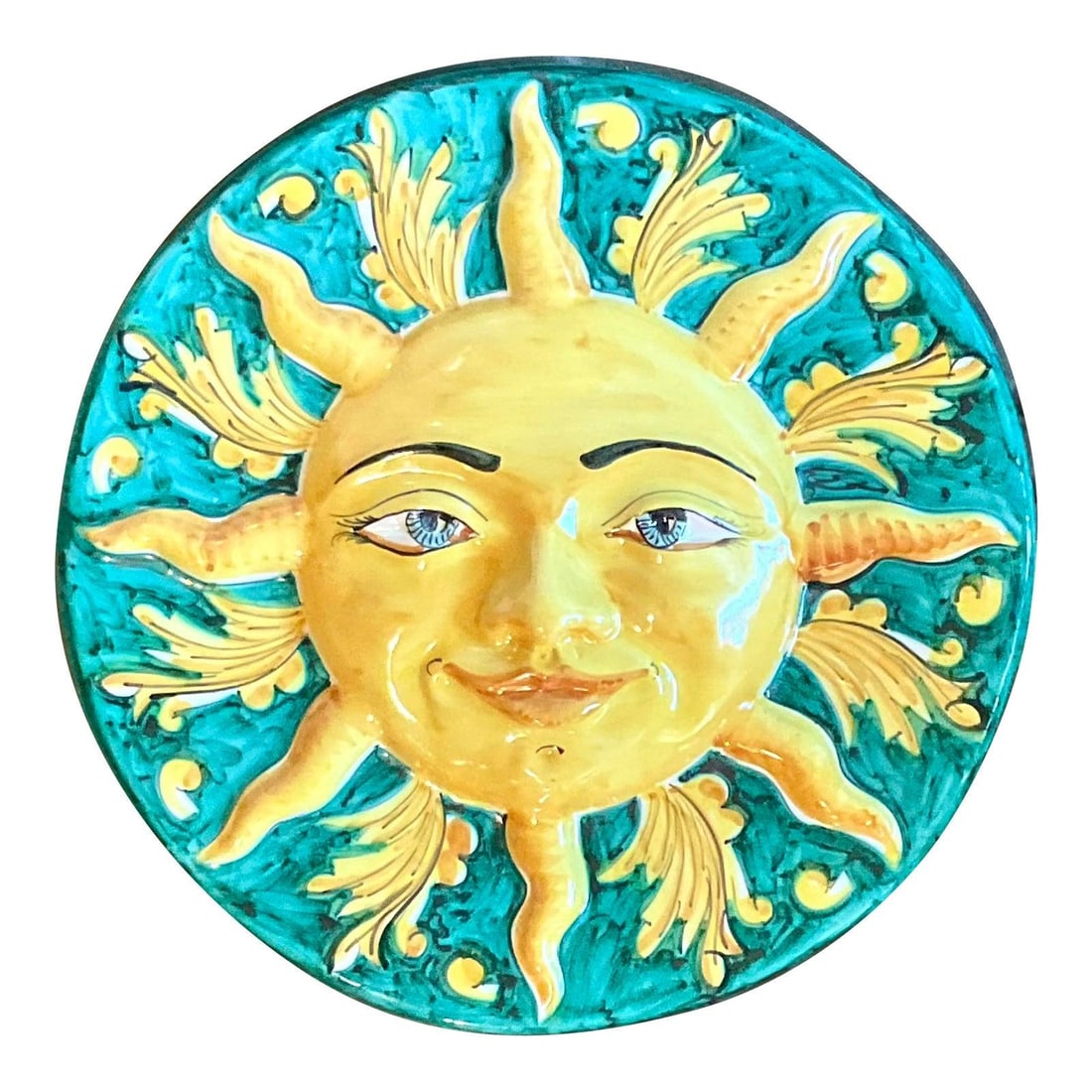 Vintage Italian Hand-Painted Glazed Ceramic Sun Plaque 14": Vintage Italian Hand-Painted Glazed Ceramic Sun Plaque 14" Bring warmth and charm to your home with this Vintage Italian Glazed Ceramic Sun Plaque. Expertly hand-painted with vibrant glazes, this deli