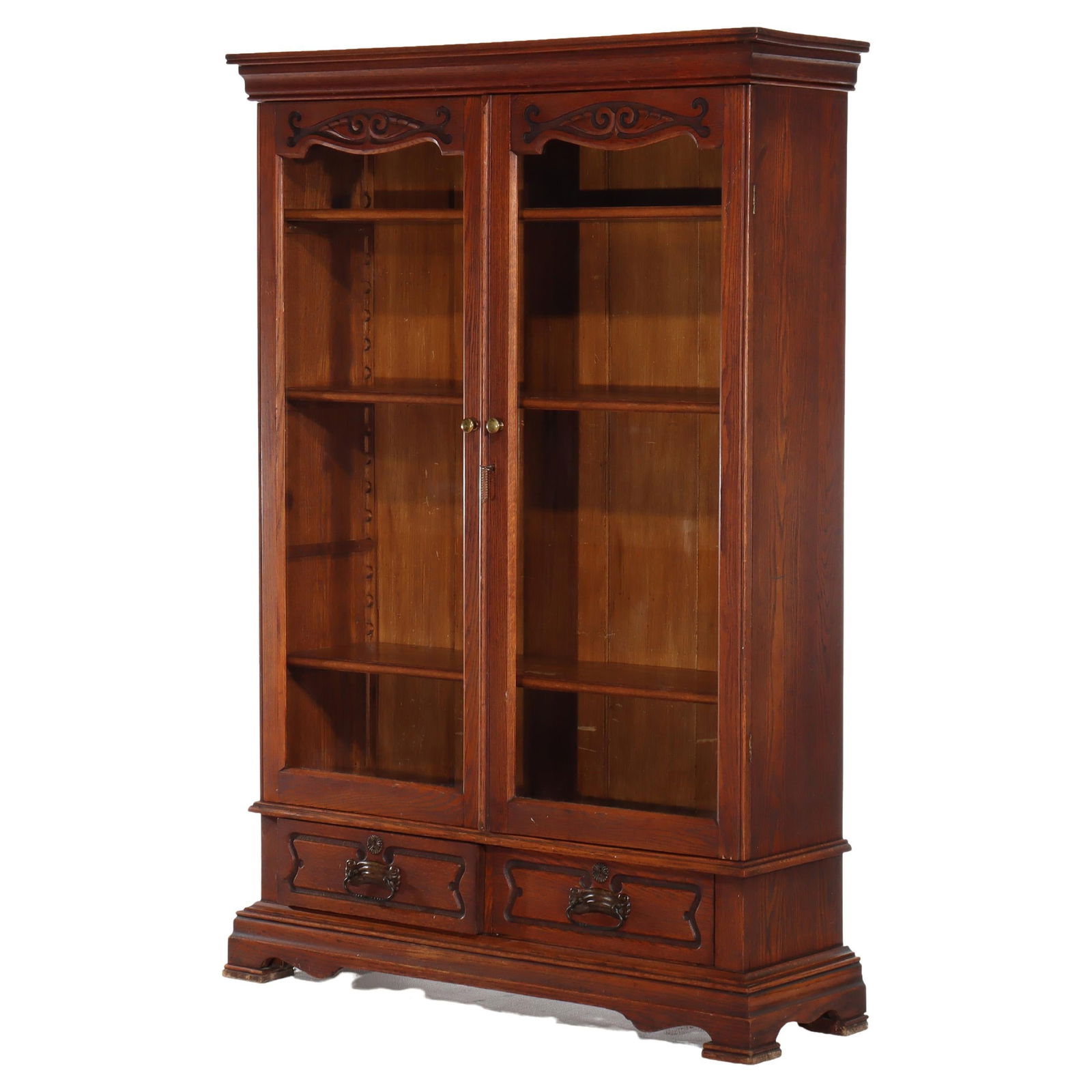 Oak Bookcase with Scroll Details by RJ Horner Two Doors Two Drawers Circa 1890 (1 of 17)