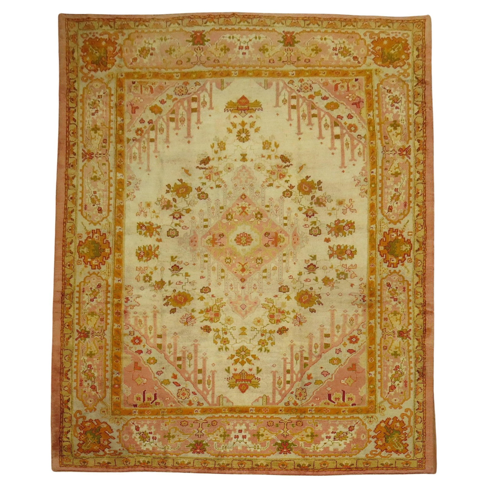 Zabihi Antique Turkish Oushak Rug Ivory Pink Orange 10'3 x 13'4: Zabihi Antique Turkish Oushak Rug Ivory Pink Orange 10'3 x 13'4 Discover the exquisite beauty of this Antique Turkish Oushak rug, a stunning piece from the early 20th century, circa 1900. This room-si
