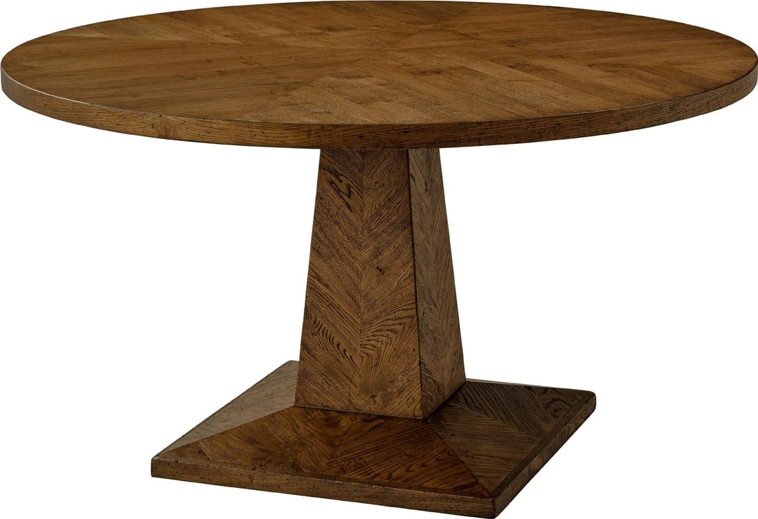 Theodore Alexander Nova Circular Oak Dining Table with Herringbone Base: Theodore Alexander Nova Circular Oak Dining Table with Herringbone Base This stunning circular dining table from the Nova collection features a modern design with a unique herringbone base. Constructe