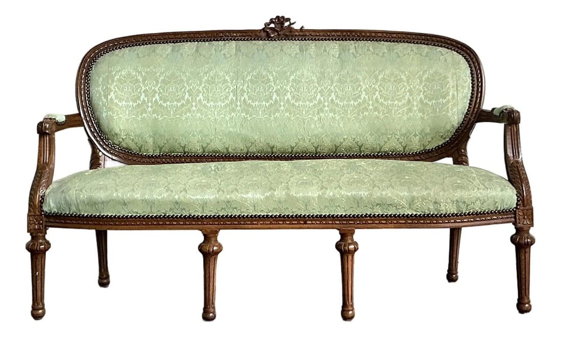 French Provincial Carved Wood Canape Settee With Sage Green Damask Upholstery (1 of 10)