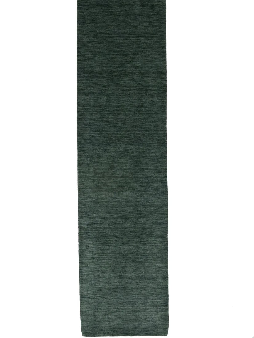 Dark Green Hand-Loomed Wool 2'7 x 9'11 Gabbeh Runner Rug: Dark Green Hand-Loomed Wool 2'7 x 9'11 Gabbeh Runner Rug Enhance your space with this exquisite Dark Green Solid Hand-Loomed Gabbeh Wool Rug, perfect for hallways or kitchens. With its modern design a