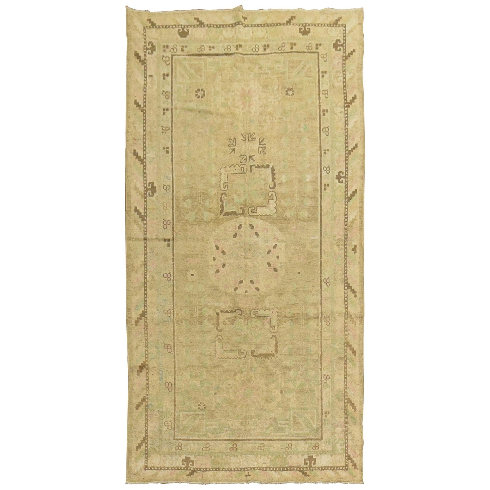 Antique Khotan Wool Rug Mint Pink Camel Background 4'9 x 8'10: Antique Khotan Wool Rug Mint Pink Camel Background 4'9 x 8'10 This exquisite Pastel Antique Khotan Rug features a stunning camel background adorned with delicate mint green, soft pink, and chocolate b