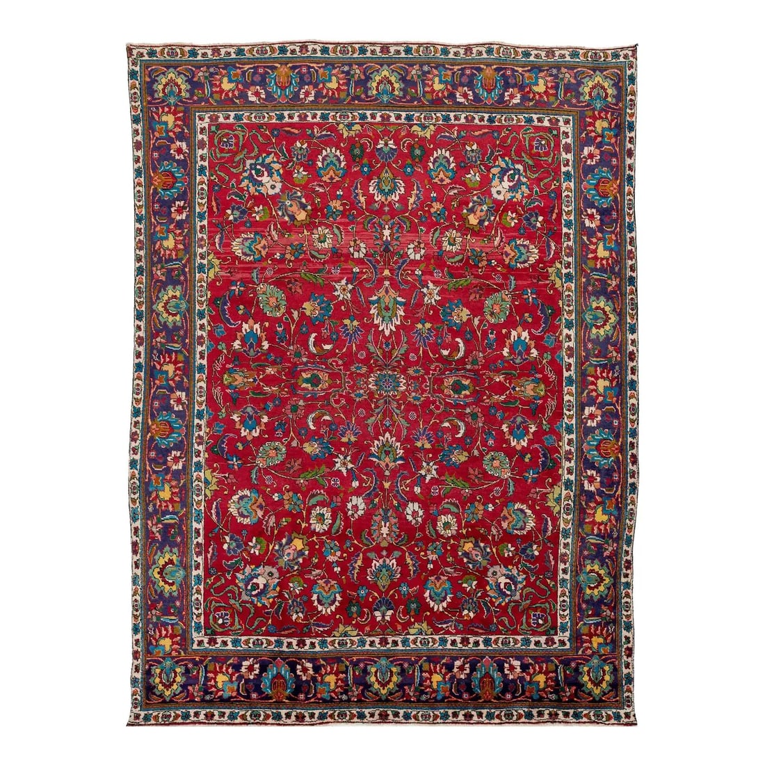 Vintage Red Handknotted Wool Tabriz Rug 9'7 x 12'11 Floral Design: Vintage Red Handknotted Wool Tabriz Rug 9'7 x 12'11 Floral Design Enhance your living space with this exquisite vintage red hand-knotted wool Tabriz rug, showcasing a captivating floral design enriche