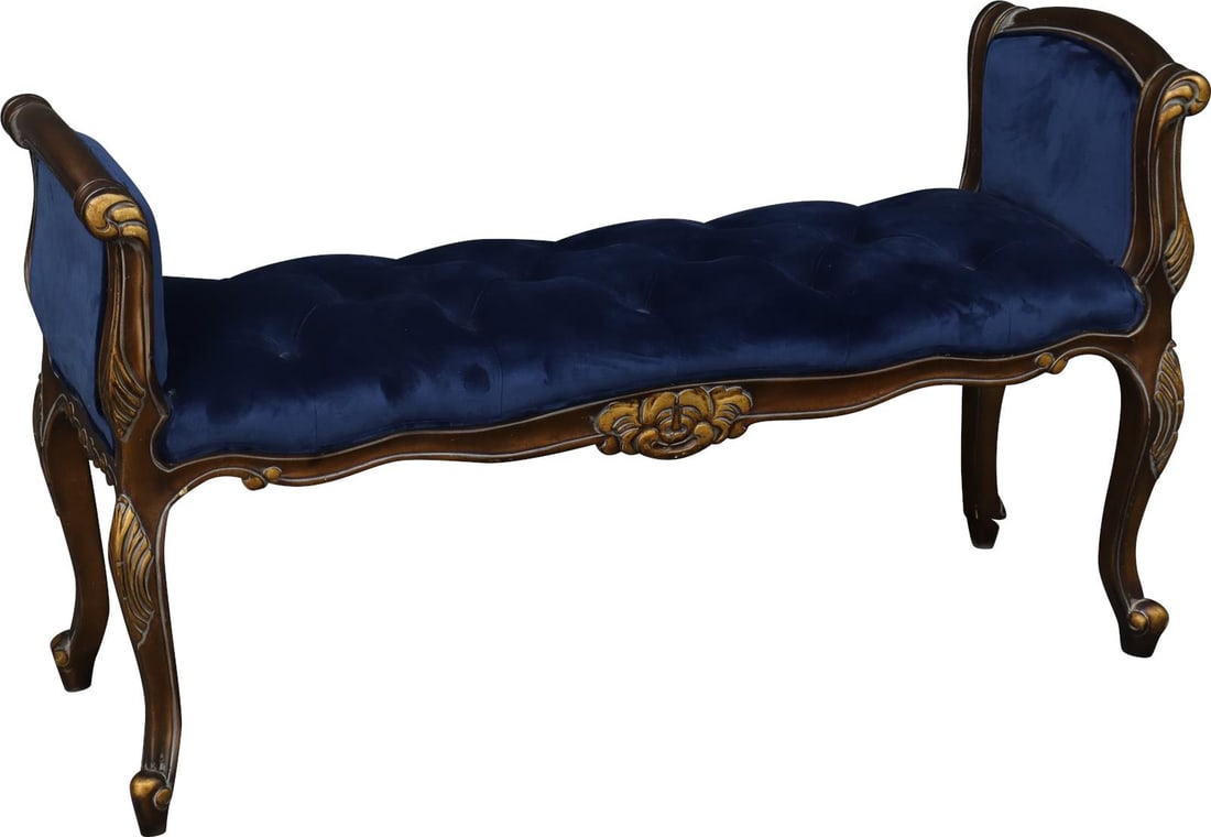 Elegant Blue Velvet French Window Bench with Gold Finish: Elegant Blue Velvet French Window Bench with Gold Finish Introducing an Elegant Blue French Window Bench that blends vintage charm with modern comfort. This exquisite bench features a solid wood const