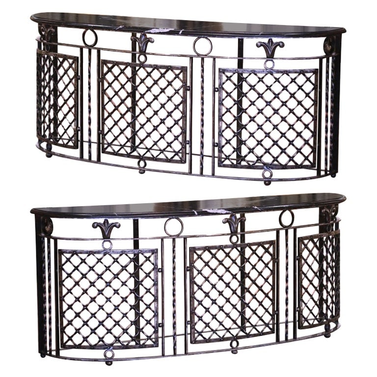 19th Century French Art Nouveau Bow Front Console Tables Set of 2: 19th Century French Art Nouveau Bow Front Console Tables Set of 2 Enhance your entryway or hallway with this exquisite pair of 19th Century French console tables. Crafted circa 1880, these stunning ta
