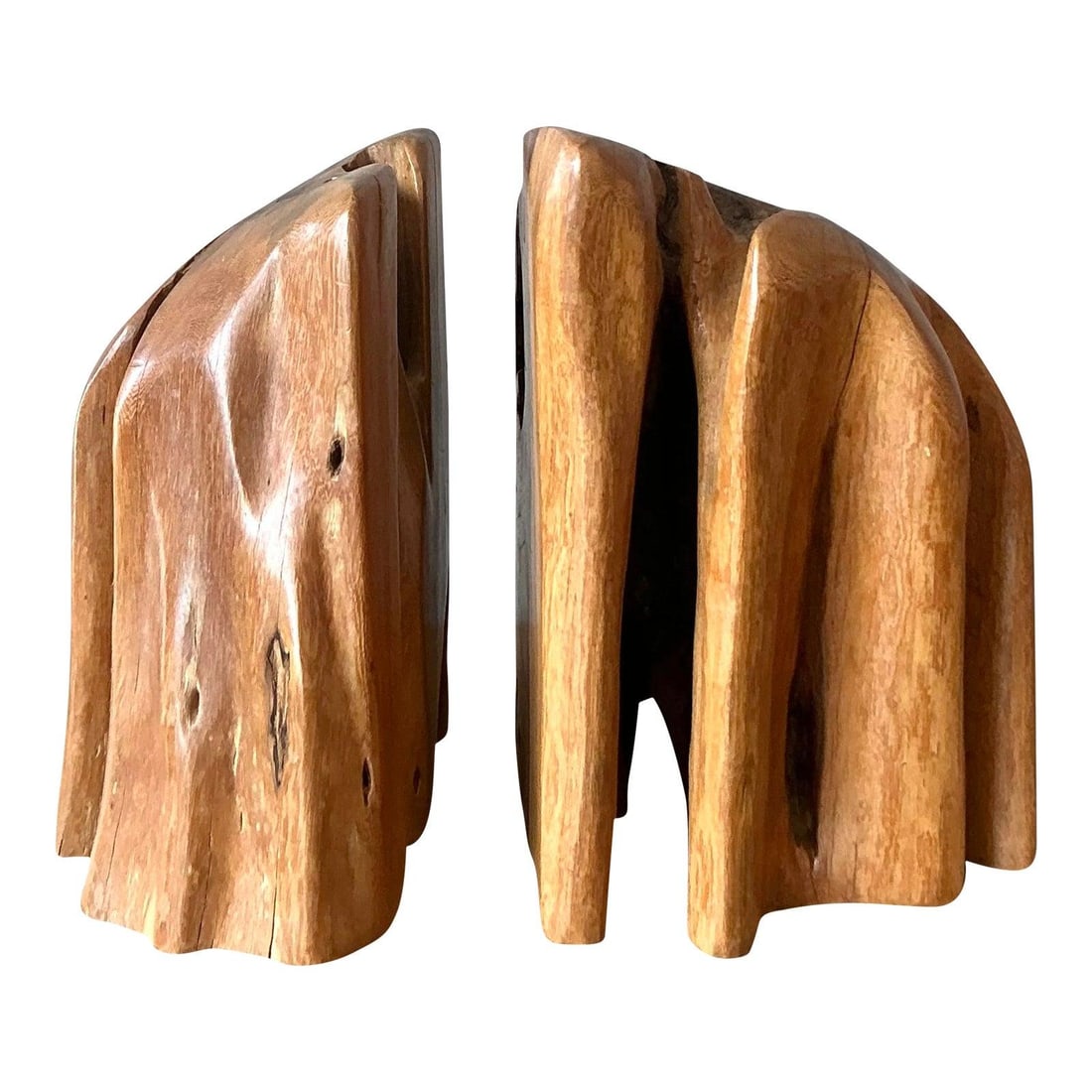 Pair of Sculptural Pecky Cypress Wood Bookends in Organic Modern Style Set of 2: Pair of Sculptural Pecky Cypress Wood Bookends in Organic Modern Style Set of 2 This rare set of vintage bookends is crafted from pecky cypress wood, known for its distinctive deep voids and lens-shap