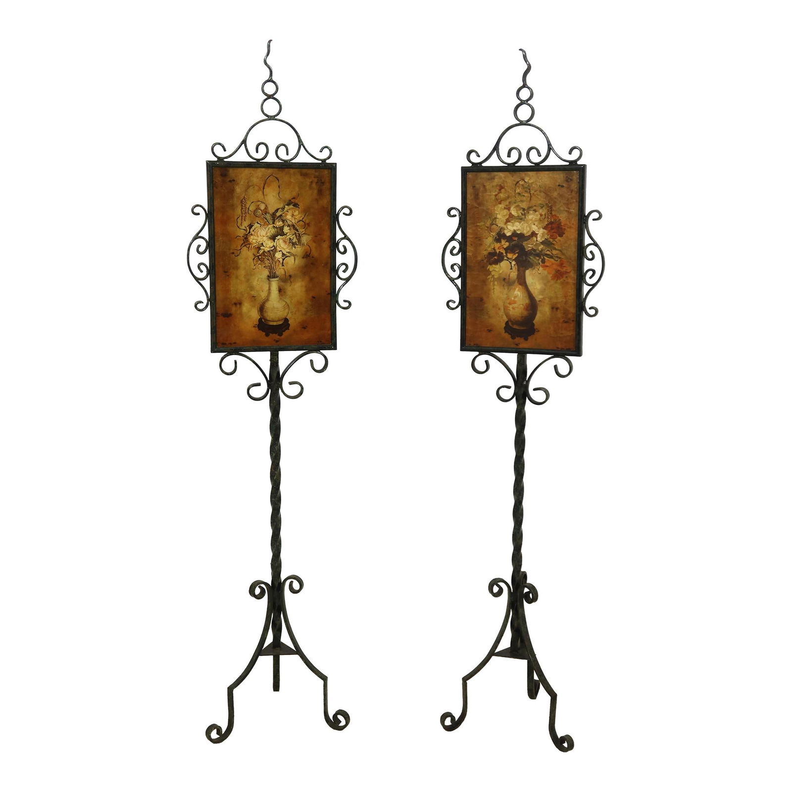 Elegant Pair of Maitland Smith Style Iron Firescreens with Floral Design: Elegant Pair of Maitland Smith Style Iron Firescreens with Floral Design This exquisite pair of iron painted firescreens, attributed to Maitland Smith, showcases elegant floral painted panels in a cha