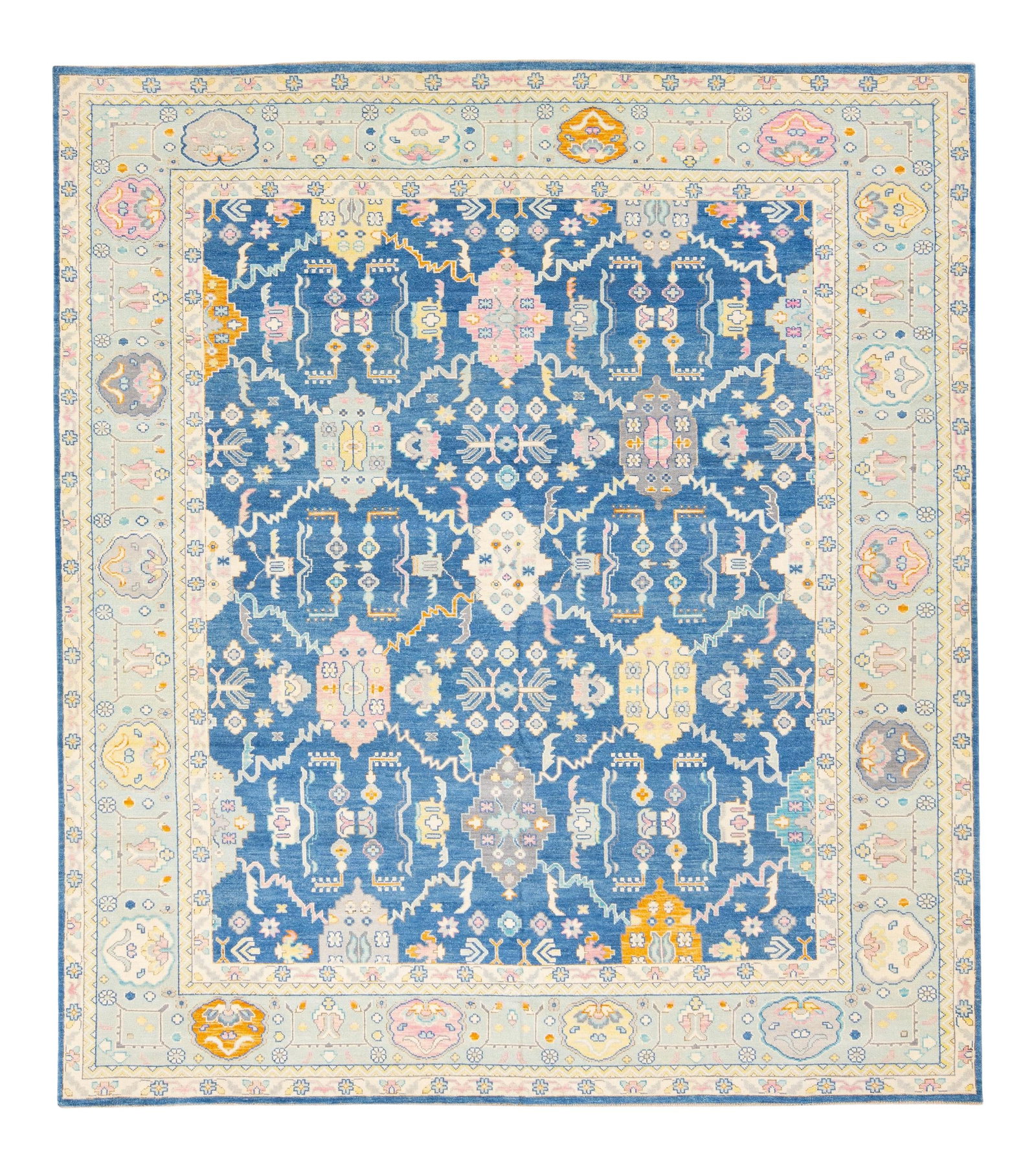Oversized Blue Modern Oushak Floral Wool Rug 12'9 x 14'9: Oversized Blue Modern Oushak Floral Wool Rug 12'9 x 14'9 Enhance your living space with this stunning blue modern Oushak handmade wool rug. Featuring a rich navy blue field, this exquisite rug showcas