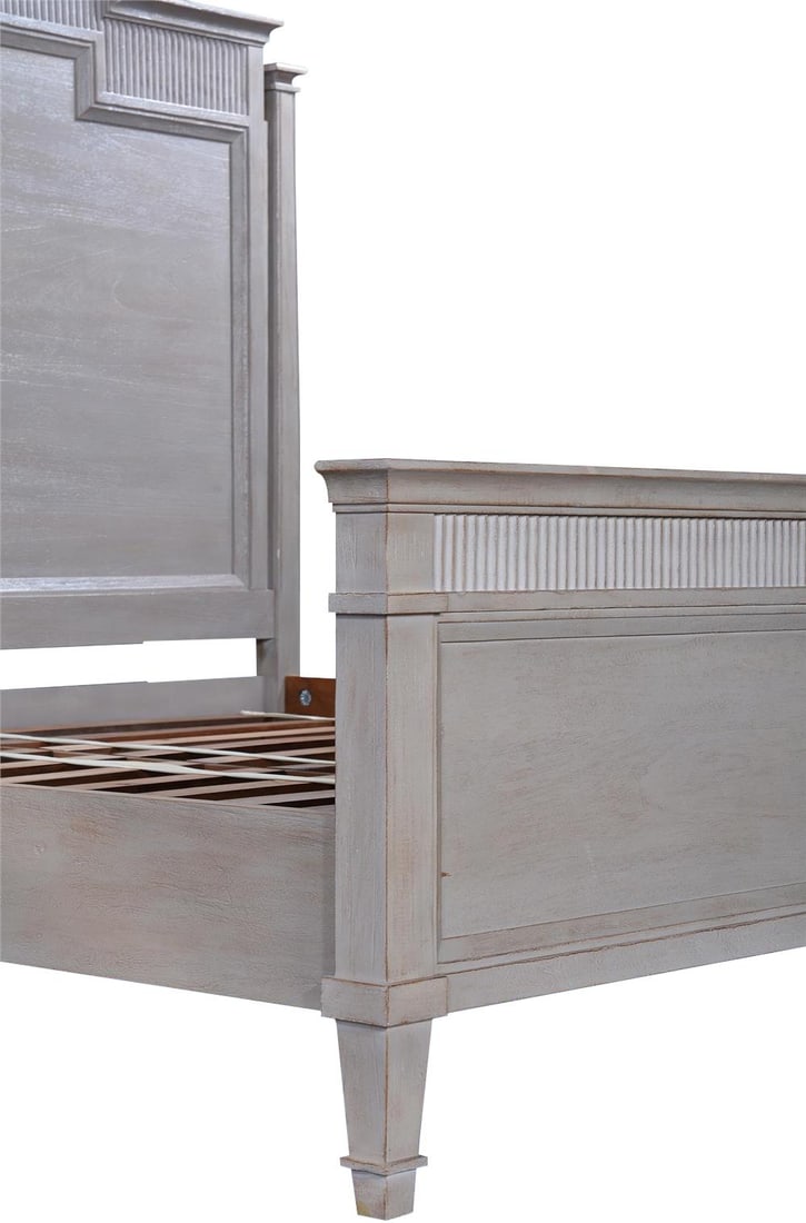 Transitional Style King Bed in Solid Mango Wood Pewter Finish: Transitional Style King Bed in Solid Mango Wood Pewter Finish Introducing the Refined Mango Wood St. Denis King Bed, a stunning centerpiece for your bedroom. This bed features a solid mango wood const
