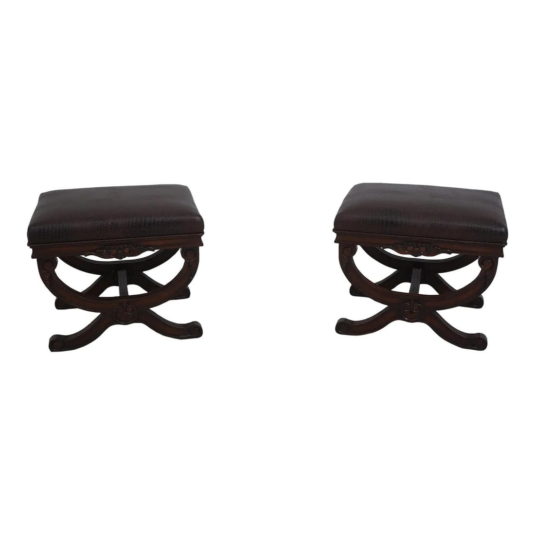Elegant Pair of Mahogany Stools with Faux Leather Alligator Pattern (1 of 10)
