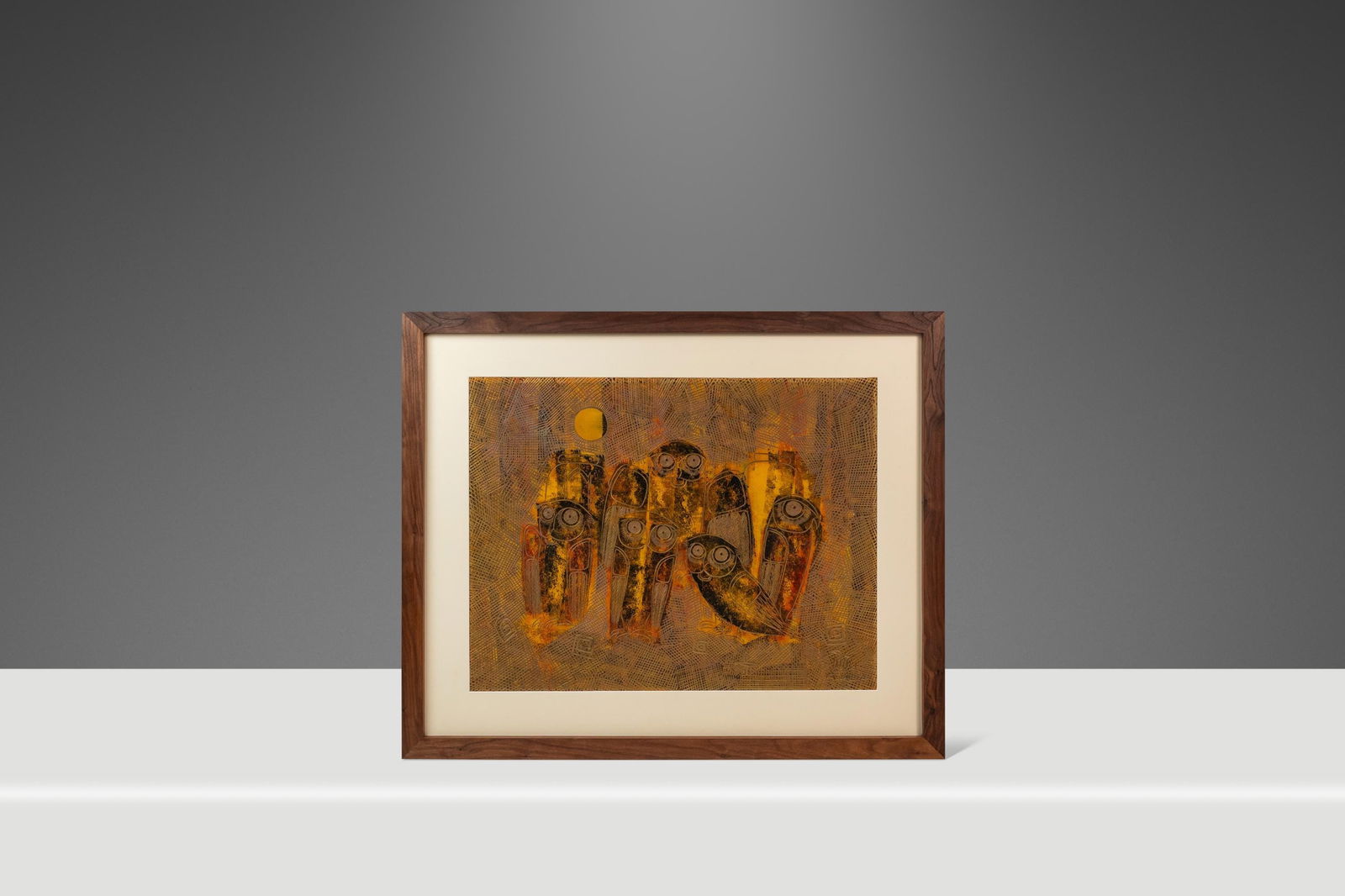 Rare 1960s Sukhya Earth Toned Owl Painting in Walnut Frame: Rare 1960s Sukhya Earth Toned Owl Painting in Walnut Frame This rare mid-century modern painting captures a captivating parliament of owls, beautifully rendered in warm earthy tones of orange, gold, a