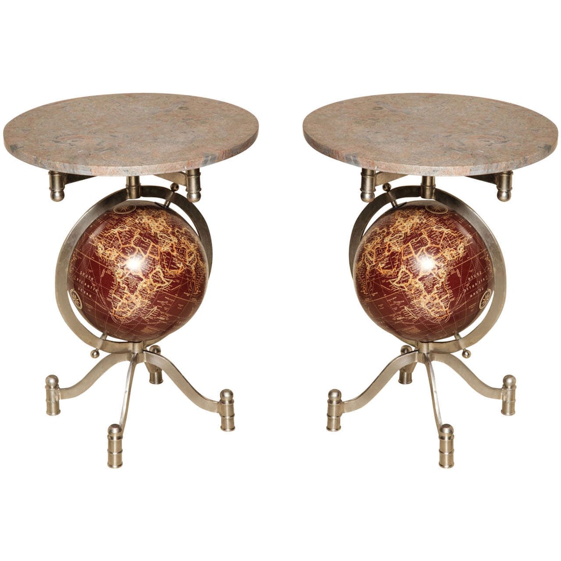 Set of 2 Globe Shaped Marble Top Steel Side Tables (1 of 10)