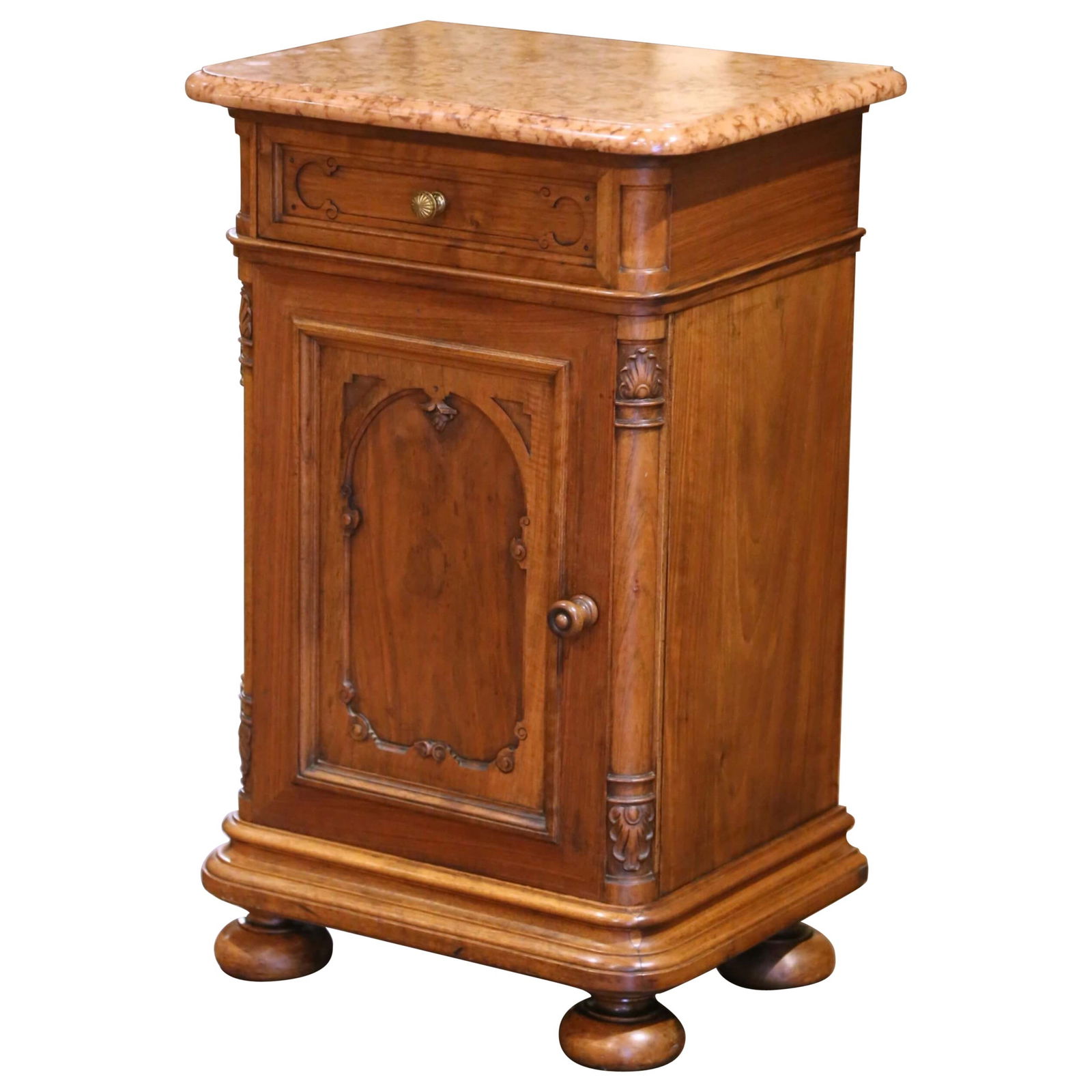 19th Century French Louis Philippe Walnut Nightstand with Rosa Verona Marble Top (1 of 8)
