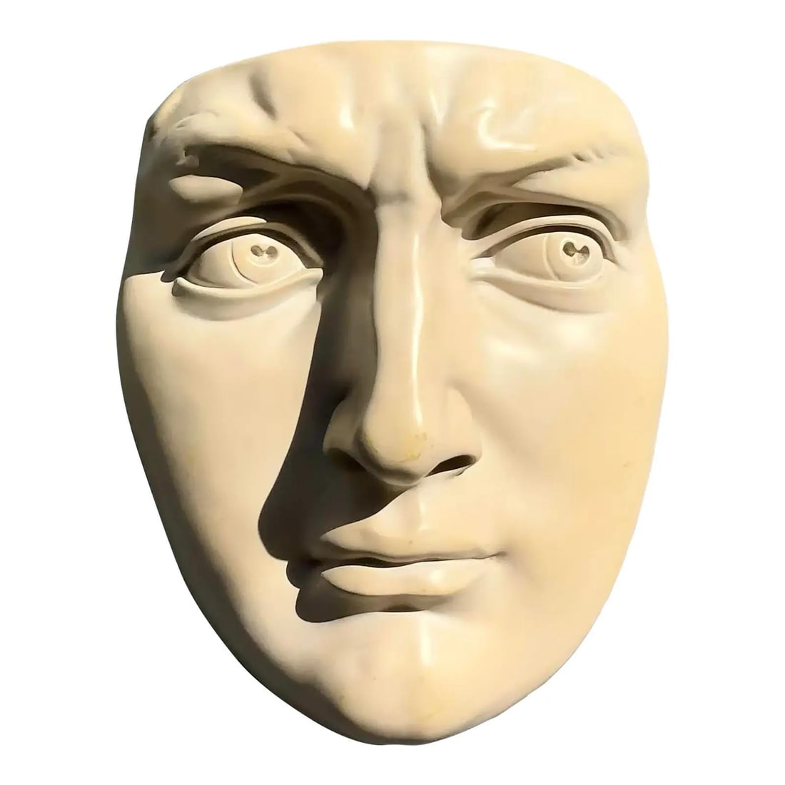 Pair of Molded Resin Classical Face Wall Masks in Ivory Finish: Pair of Molded Resin Classical Face Wall Masks in Ivory Finish This vintage pair of molded resin wall masks features expressive faces inspired by classical antiquity, blending Renaissance or Neoclassi