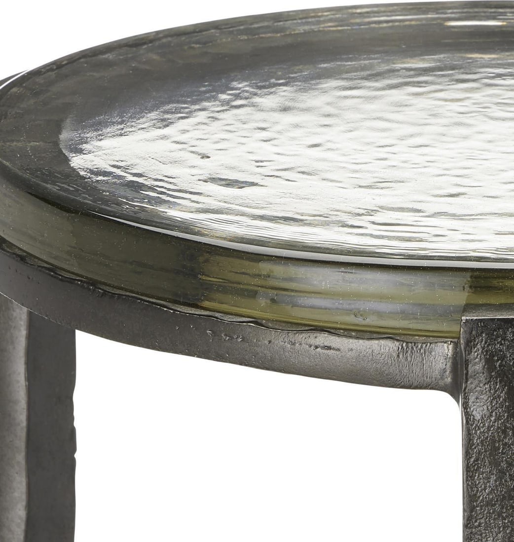 Currey Acea Clear Graphite Glass Drinks Table 23.5H x 12W x 12D: Currey Acea Clear Graphite Glass Drinks Table 23.5H x 12W x 12D This elegant drinks table combines a sleek clear graphite finish with durable cast aluminum and cast glass materials. It features a mode