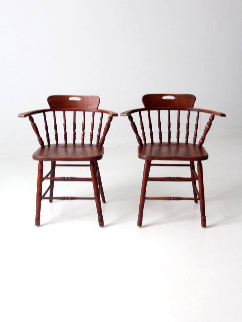 Vintage American Wooden Captain's Chairs Pair Early 20th Century (1 of 14)