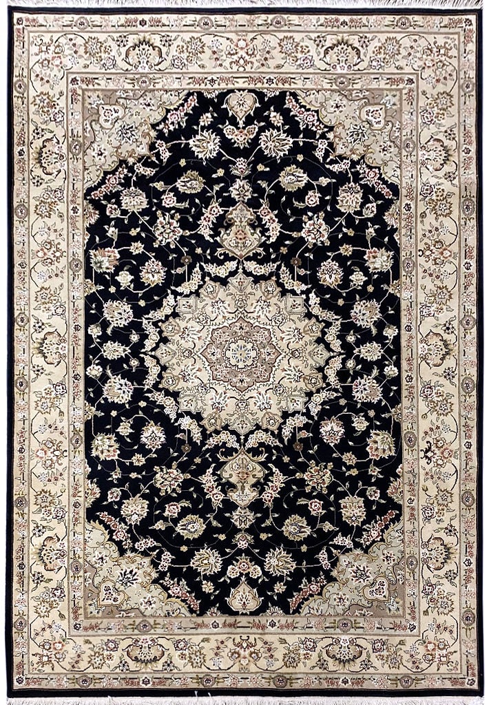 Handmade 5.9 x 8.9 Wool Silk Rug in Black: Handmade 5.9 x 8.9 Wool Silk Rug in Black Free continental US Shipping Experience luxury underfoot with this exquisite handmade rug, expertly crafted from a blend of wool and silk. Measuring 5.9 x
