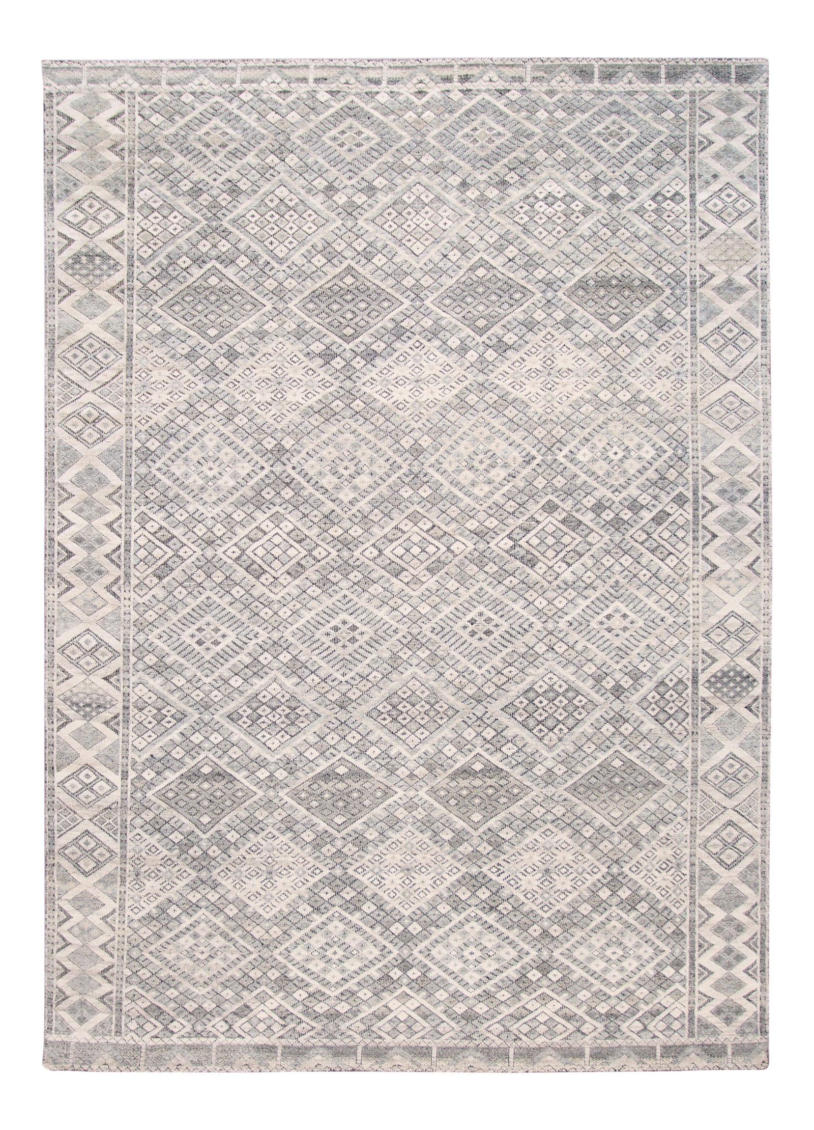 Contemporary Hand-Knotted Gray Wool Rug 10'6 x 13'8 Geometric Design: Contemporary Hand-Knotted Gray Wool Rug 10'6 x 13'8 Geometric Design Elevate your space with this stunning 21st Century Modern Textured High Low Wool Rug. Hand-knotted in India, this contemporary